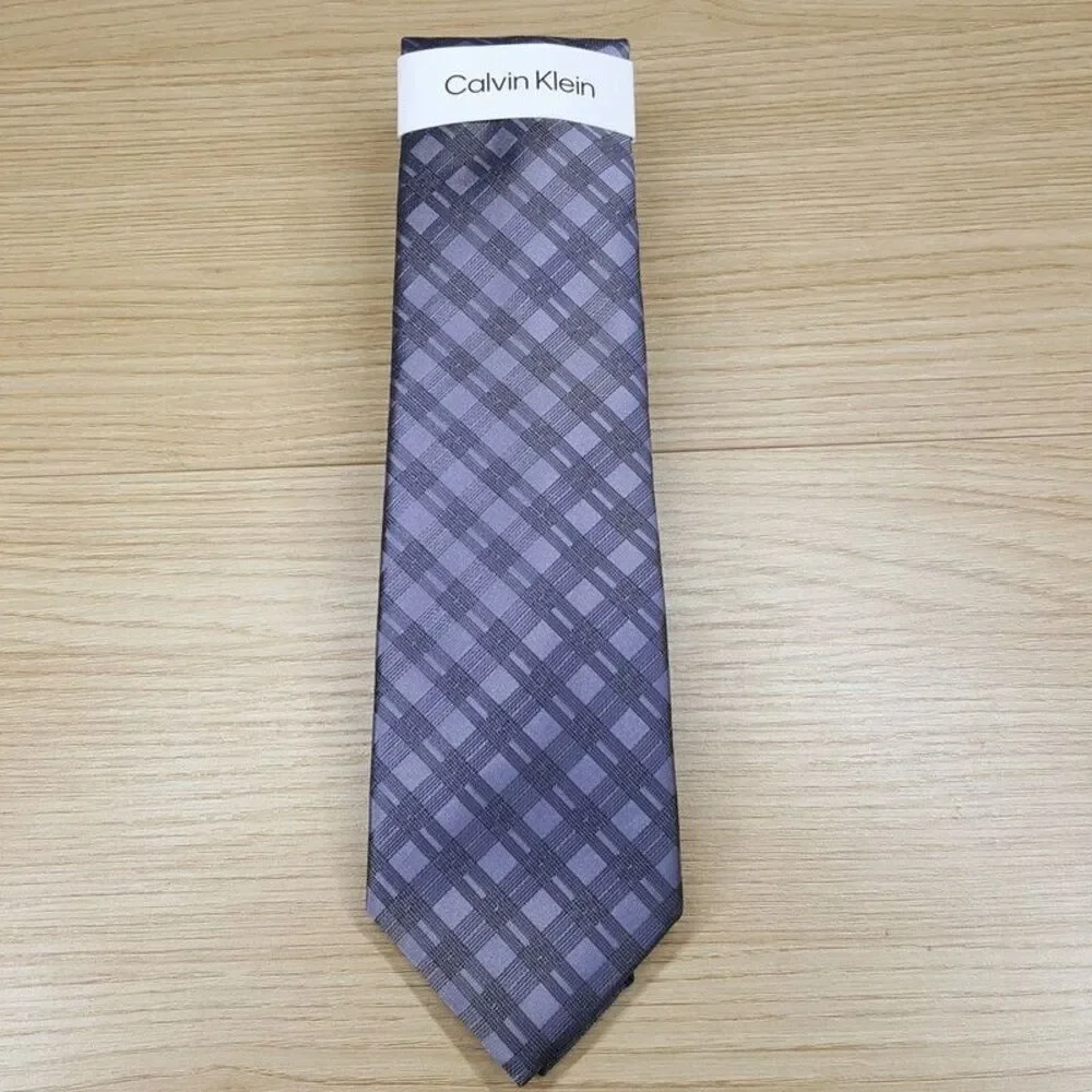 CALVIN KLEIN Mens Neck Tie Purple Plaid Grid Check Modern Classic Silk Blend